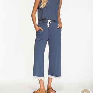 NIGHTCAP denim blue cream lace trim cropped cozy lounge travel pants XS